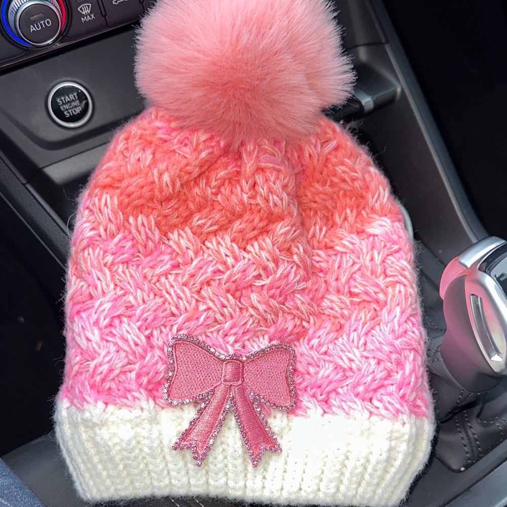 Pink and White Kids Pom-Pom Beanie